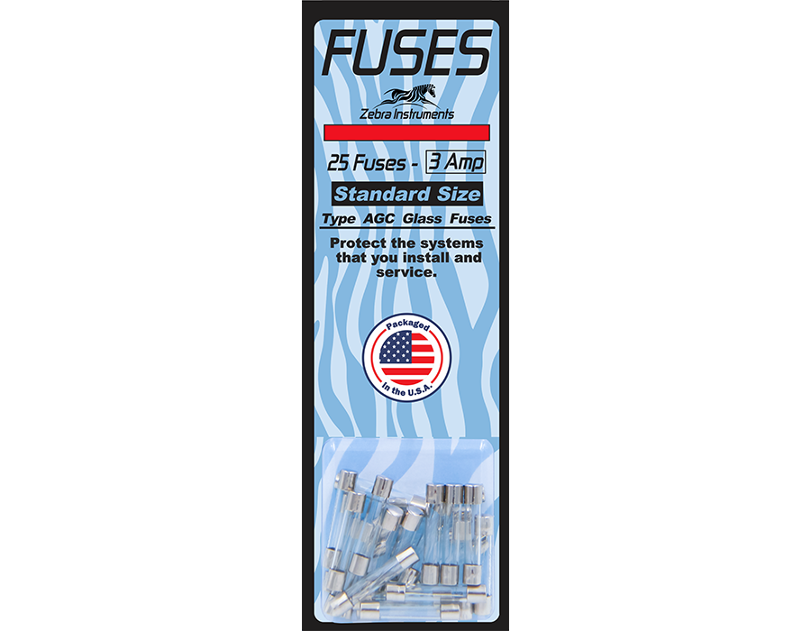 ZFG03 - FUSES - 25 PACK - STANDARD SIZE GLASS 3 AMP FAST ACTING